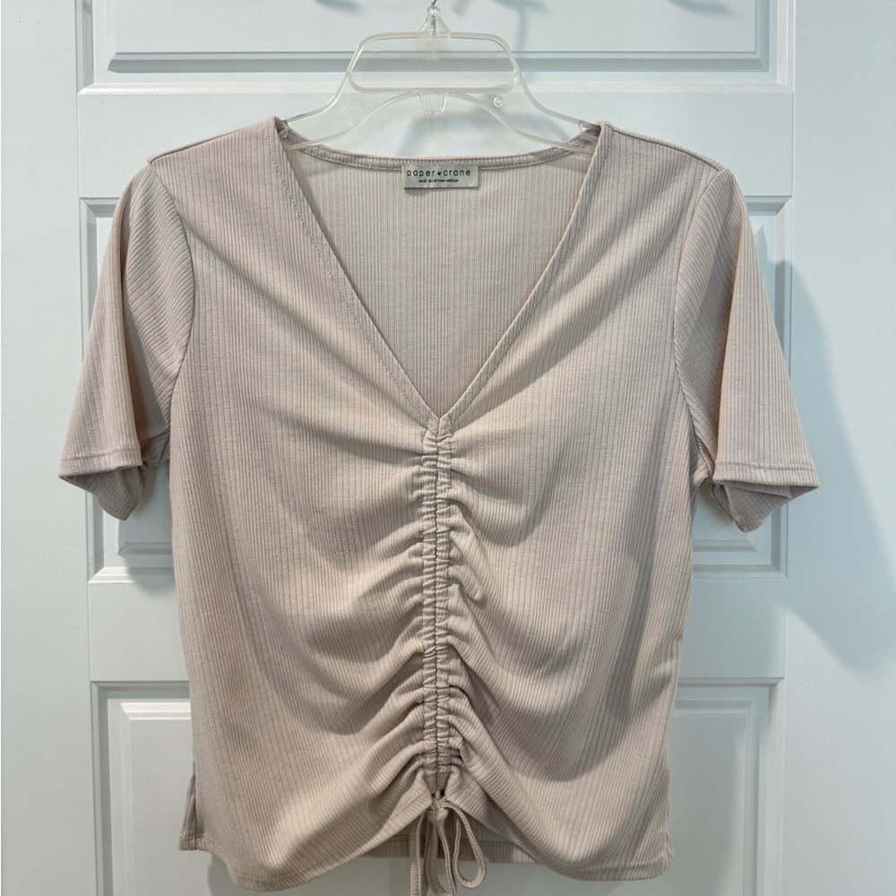 Paper Crane Light Beige Ruched V-Neck Tee